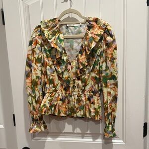 Ruffled V-Neck Floral Peplum Blouse - Green Multi